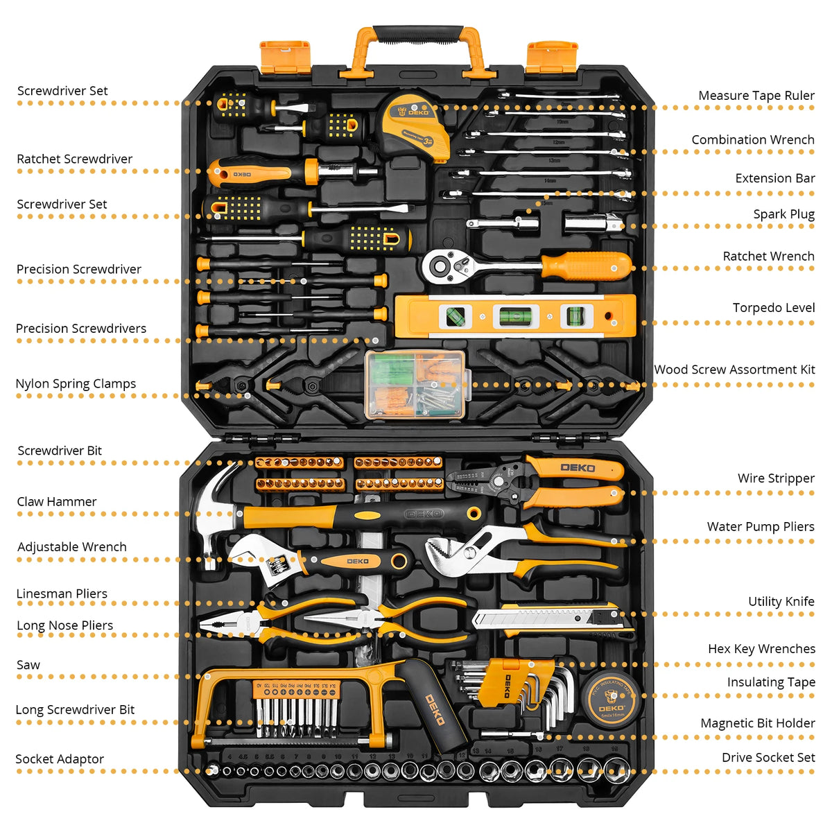 DEKO 228Pieces Socket Wrench Auto Repair Tool Combination Package Mixed Tool Set Hand Tool Kit with Plastic Toolbox Storage Case
