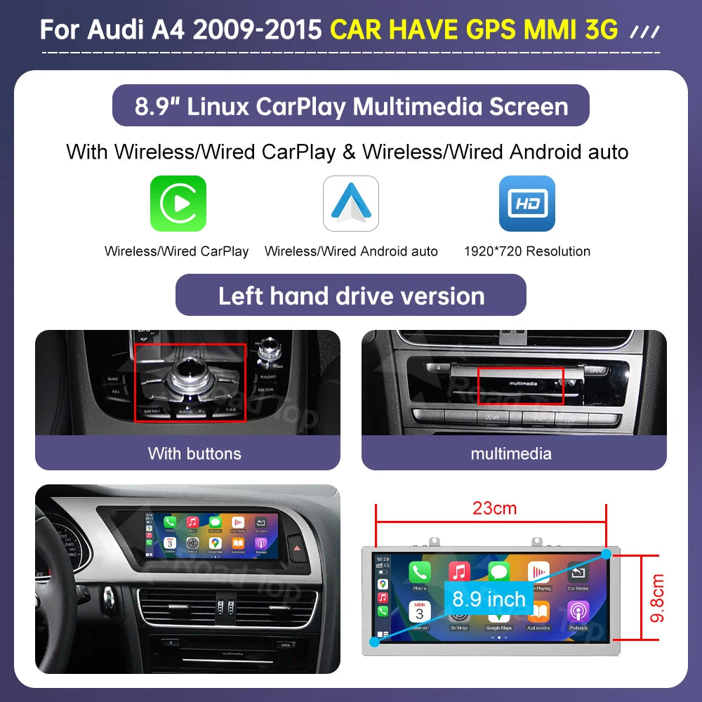 Road Top Radio Multimedia Linux Screen For Audi A4 A5 2009-2015 Wireless CarPlay Android Auto Airplay Car Player Function