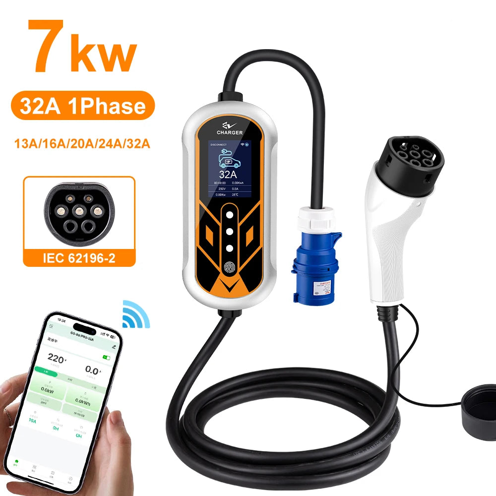 ADPOW Portable 32A Type2 EV Chargers 3Phase 22KW Red 5Pins CEE Plug 5M Cable WIFI APP Control Electric Car Charging Accessories