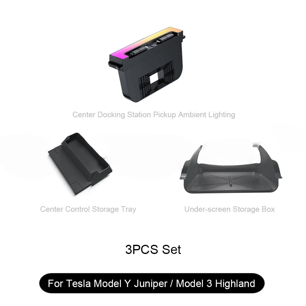 For Tesla Model Y Juniper Fast Charging USB Hub Docking Station with Rainbow Light Model 3 Highland Retractable Ambient Lighting