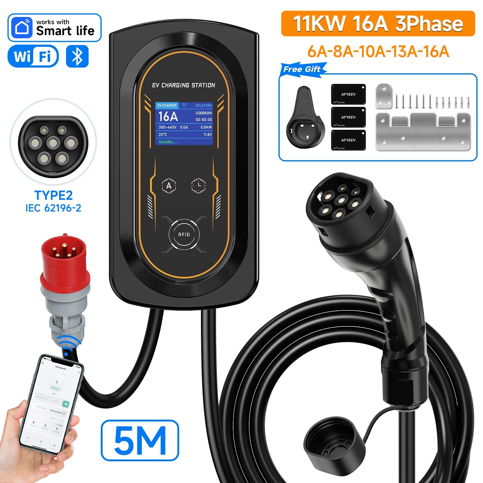 AFYEEV 11KW/22KW New Type2 IEC62196-2 16A/32A EV Charging Station 7.6KW Electric Car Wallbox Charger APP Remote Control CEE Plug