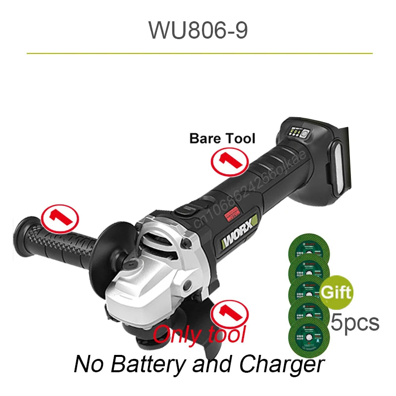 Worx WU806 Bare Tool Cordless Angle Grinder Brushless 20v 100x16mm 9500rpm Clutch Protection Share Green and Kress Battery