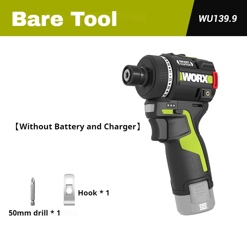 WORX WU139 Brushless Screwdriver Lightweight Cordless Drill 50N.m 1/4inch Electric Drill 12V Battery Mini Drill for Tight Spaces
