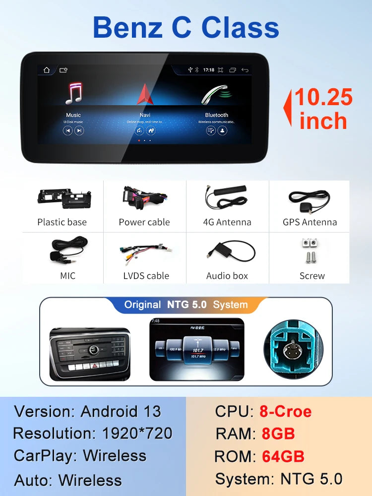 2024 New Car Multimedia Wireless Android AUTO CarPlay 12.3inch Screen For Mercedes Benz C Class GLC W205 S205 Video Players