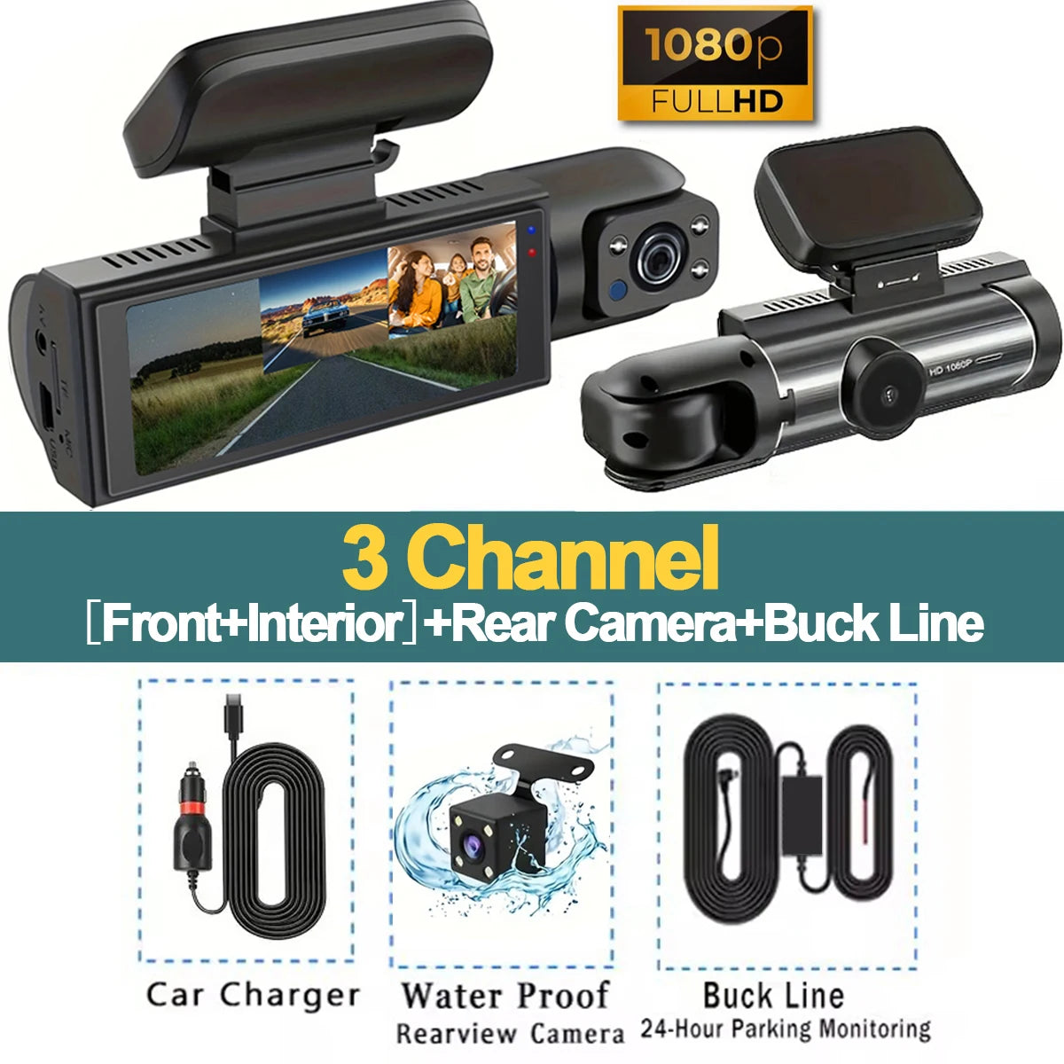 Dash Cam Car DVR 1080P Dashcam for car surveillance camera Automobiles 3 Lens Front Rear Interior Vehicle Video Drive Recorder