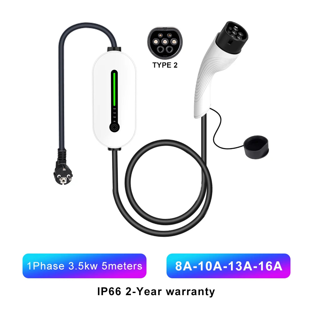 16A Type2 EV Chargers 1Phase 3.5KW Touchscreen Button Control Box GB/T Type1 J1772 Socket 5M Cable EV Charging Accessories