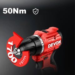 Devon Cordless Electric Drill  Brushless Motor 5208 12v 50Nm 1700rpm Dual Speed Torque Adjustable Share Flex Battery Platform
