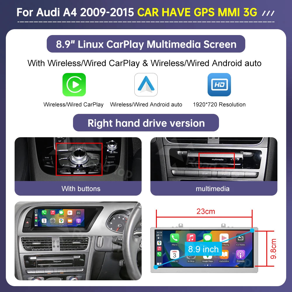 Road Top Radio Multimedia Linux Screen For Audi A4 A5 2009-2015 Wireless CarPlay Android Auto Airplay Car Player Function