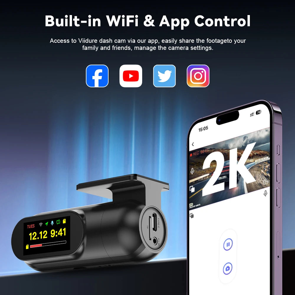 Kocam﻿ 2K Dash Cam WiFi Mini Car DVR Camera Auto Night Vision Video Recorder Black Box Support GPS 24H Parking Monitor