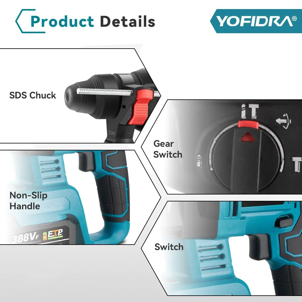 YOFIDRA 26mm Brushless Electric Hammer Drill Cordless Multifunctional Rechargeable Power Tools For Makita 18-21V Battery Pin