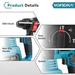 YOFIDRA 26mm Brushless Electric Hammer Drill Cordless Multifunctional Rechargeable Power Tools For Makita 18-21V Battery Pin