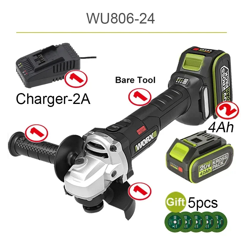 Worx WU806 Wireless Angle Grinder Brushless 20v 100x16mm 9500rpm Clutch Protection for Polishing Cutting Share Kress Battery
