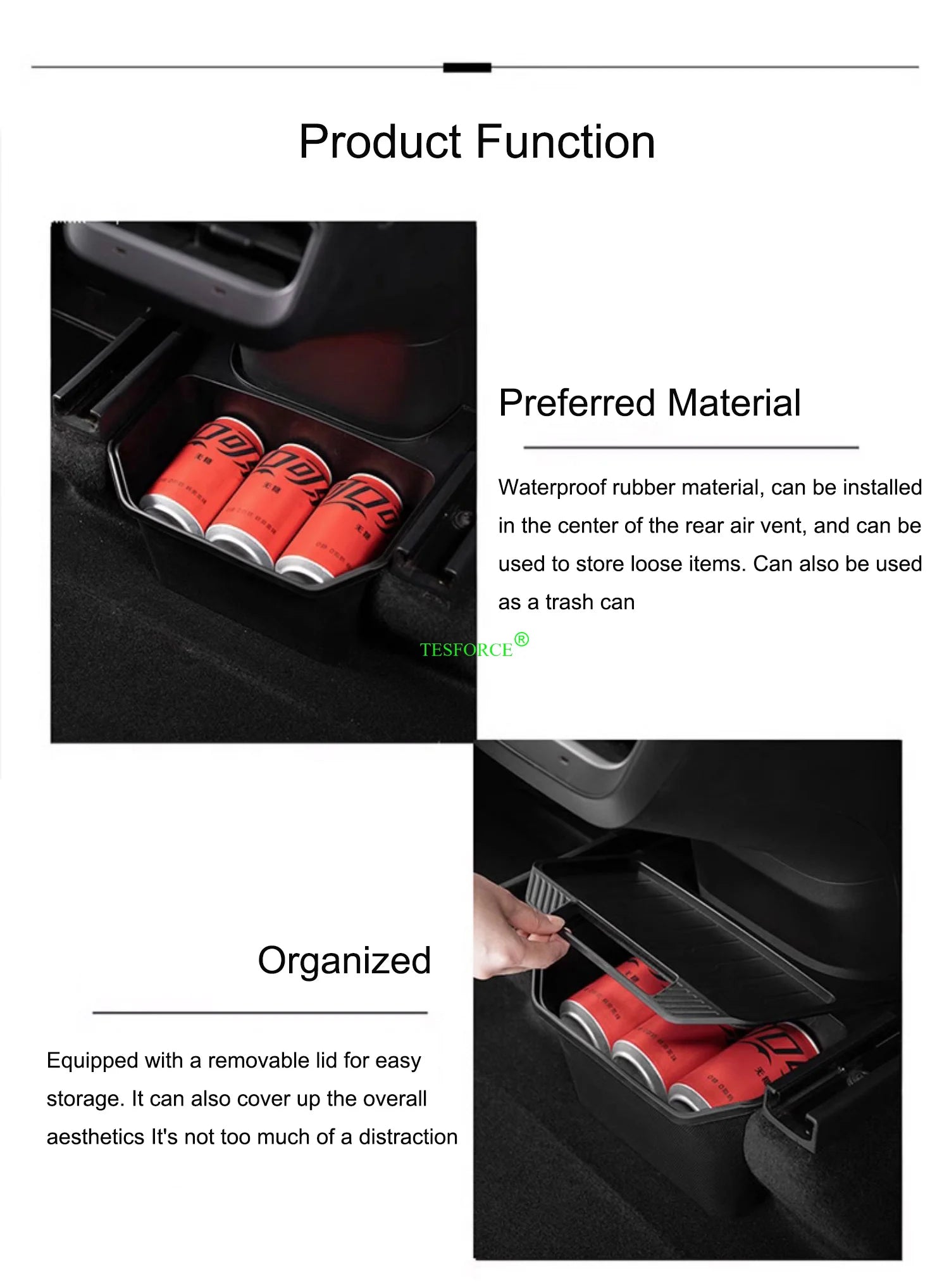 For Tesla Model Y 2021-2025 Rear Center Console Storage Box TPE Organizer Box with Cover Trash Can Under Seat Car Accessories