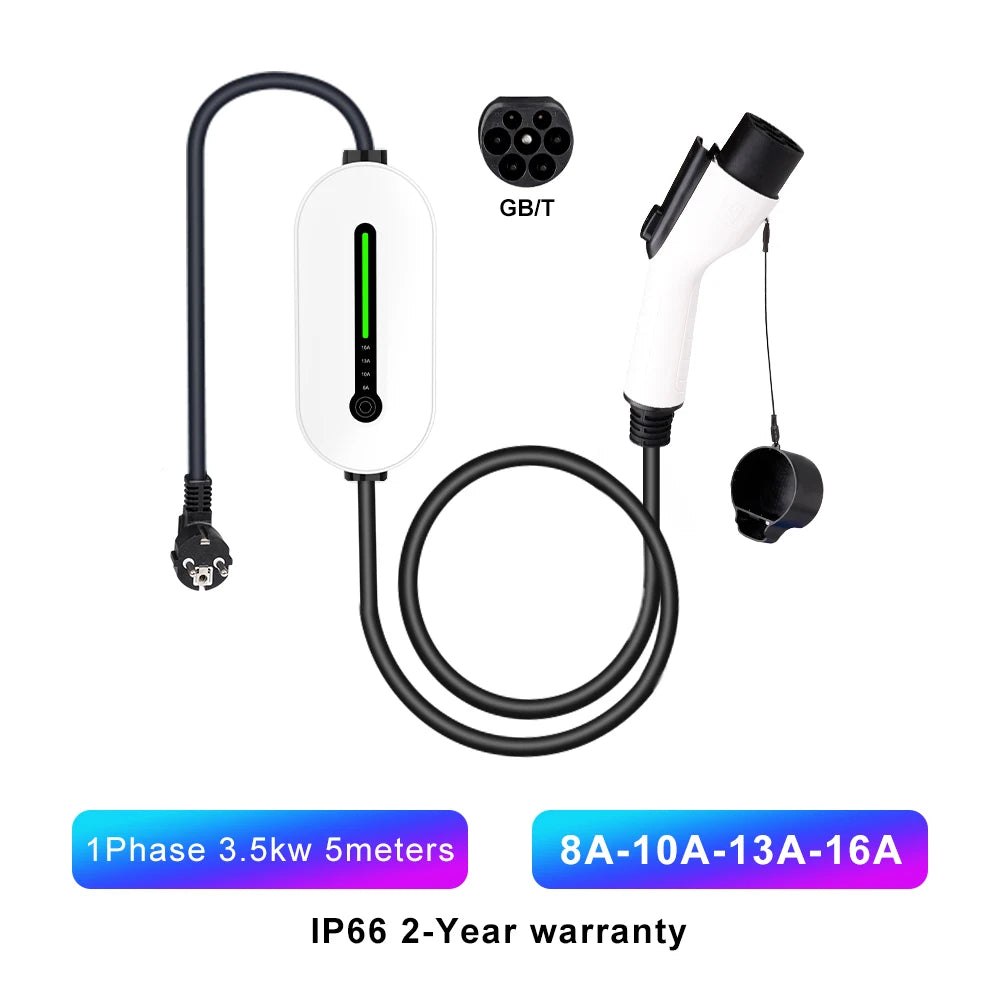 16A Type2 EV Chargers 1Phase 3.5KW Touchscreen Button Control Box GB/T Type1 J1772 Socket 5M Cable EV Charging Accessories