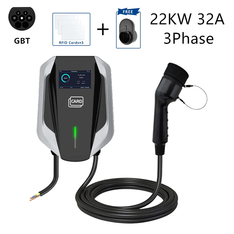 Type 2 EV Charging Station IEC62196 J1772 GBT 22KW 32A 3Phase Electric Vehicle Car Charger Wallbox Type 1 GB/T with APP Cards