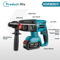 YOFIDRA 26mm Brushless Electric Hammer Drill Cordless Multifunctional Rechargeable Power Tools For Makita 18-21V Battery Pin