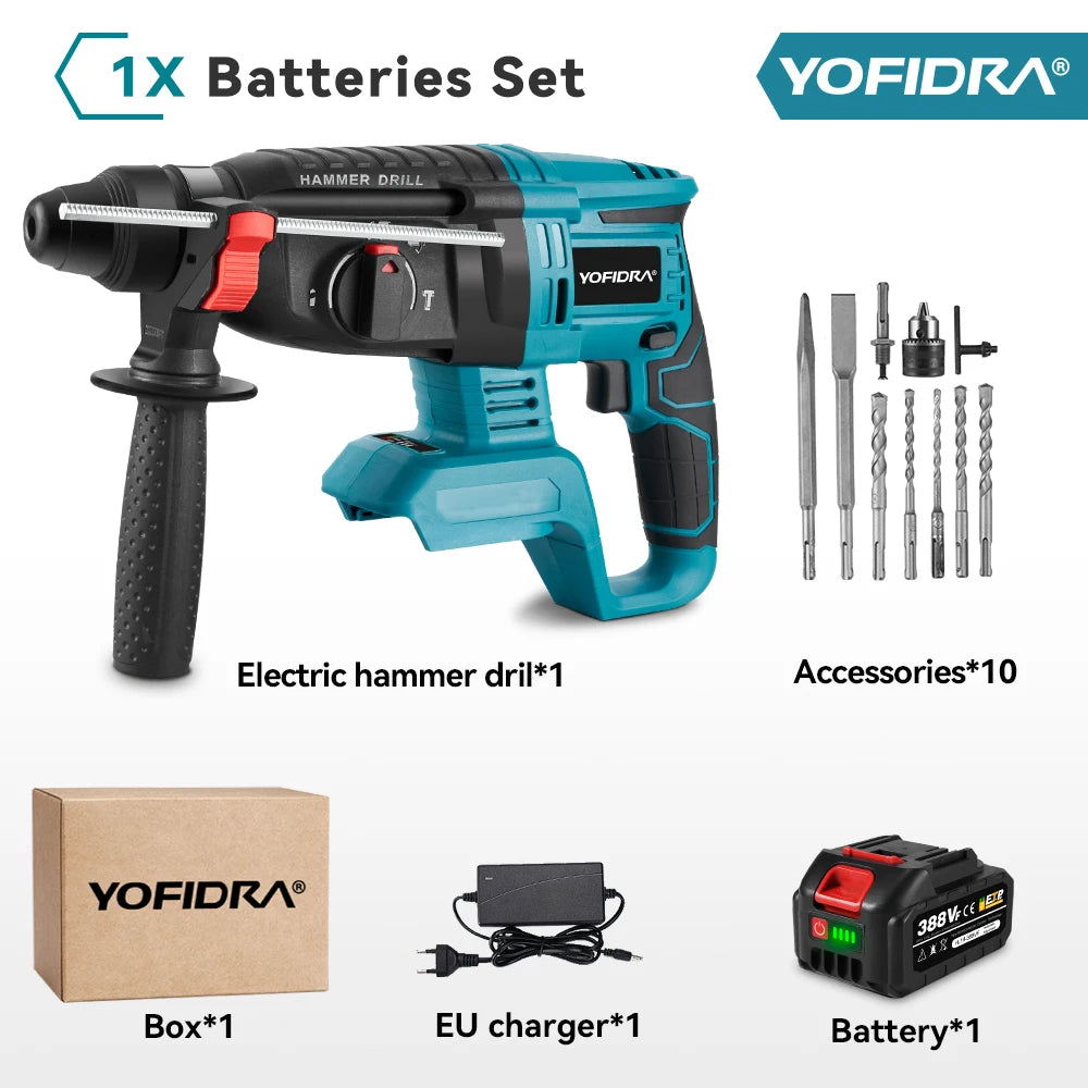 YOFIDRA 26mm Brushless Electric Hammer Drill Cordless Multifunctional Rechargeable Power Tools For Makita 18-21V Battery Pin