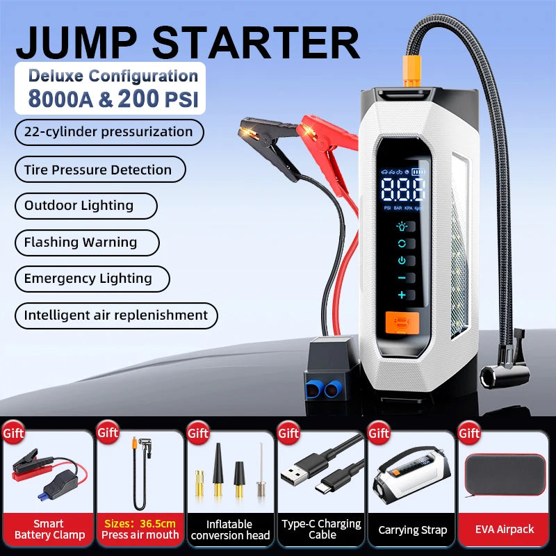 8000a Amp 200 Psi Car Jumper Multi Function 12v Battery Booster Capacitor Auto Compressor Power Bank Jump Starter With Air Pump