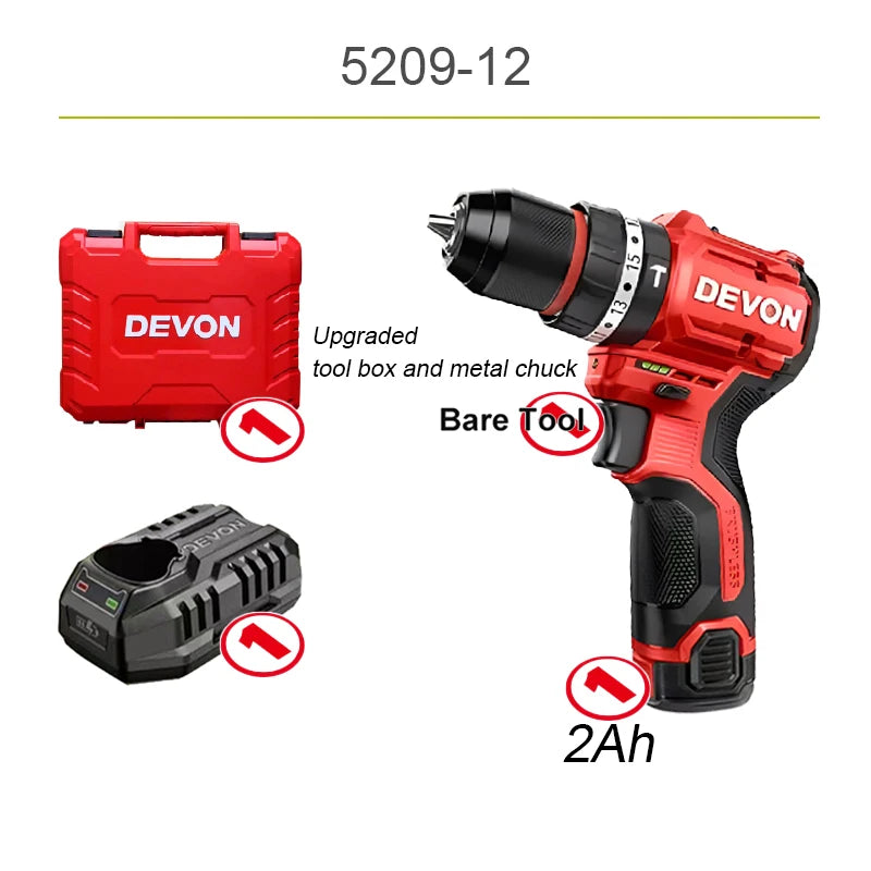 Devon Cordless Electric Drill  Brushless Motor 5208 12v 50Nm 1700rpm Dual Speed Torque Adjustable Share Flex Battery Platform