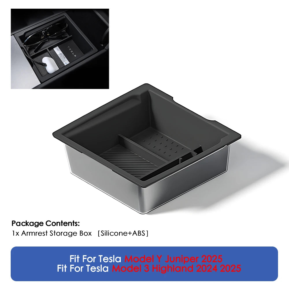 For Tesla Model Y Juniper 2025 & Model 3 Highland 2024 2025 ABS Center Console Organizer Tray Armrest Storage Box Accessories