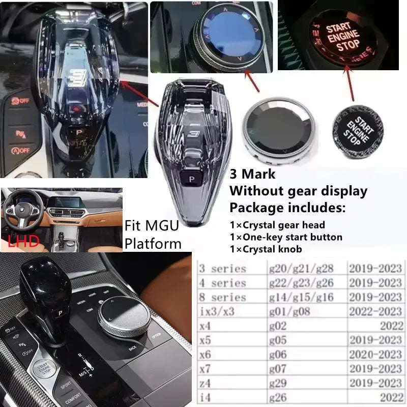 3 Piece Set Crystal Gear Shift Knob Lever Stick Handle for BMW 3 5 6 7 series x3 x5 x6 f30 g15 f01 g20 g05 g21 g28 g30 g31 g38