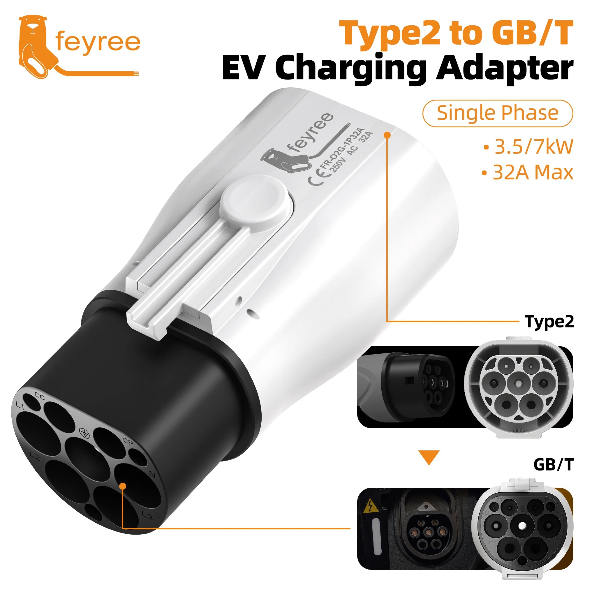 Feyree EV Charger Adapter Type2 to GB/T Converter 32A 22KW 3P for China Standard Electric Vehicle 7KW 32A 1P EV Car Connector