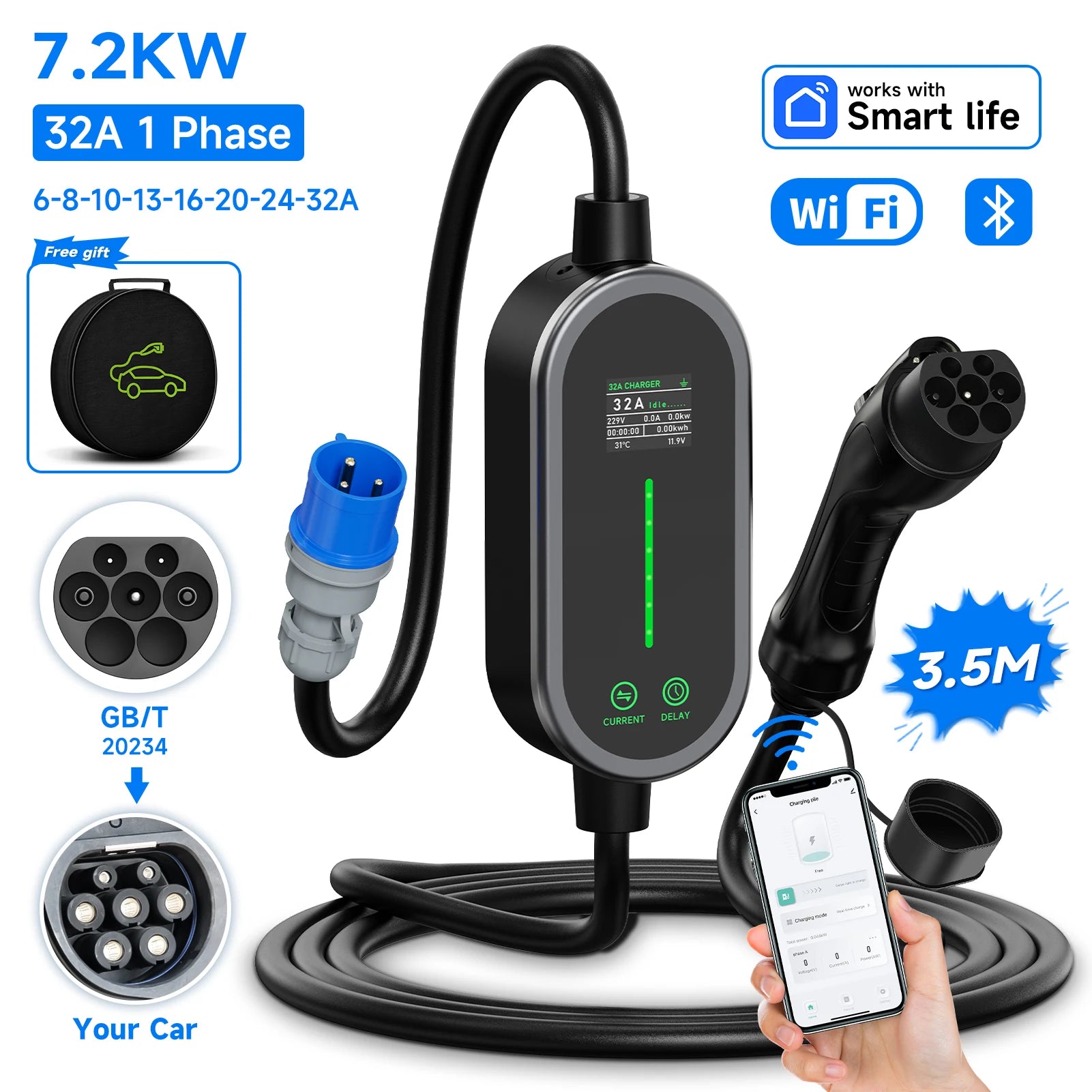 AFYEEV Type 2 Portable EV Charger 7.2KW 32A 1Phase Wallbox Type1 GB/T EVSE Charging Cable CEE Plug WiFi APP Bluetooth Control