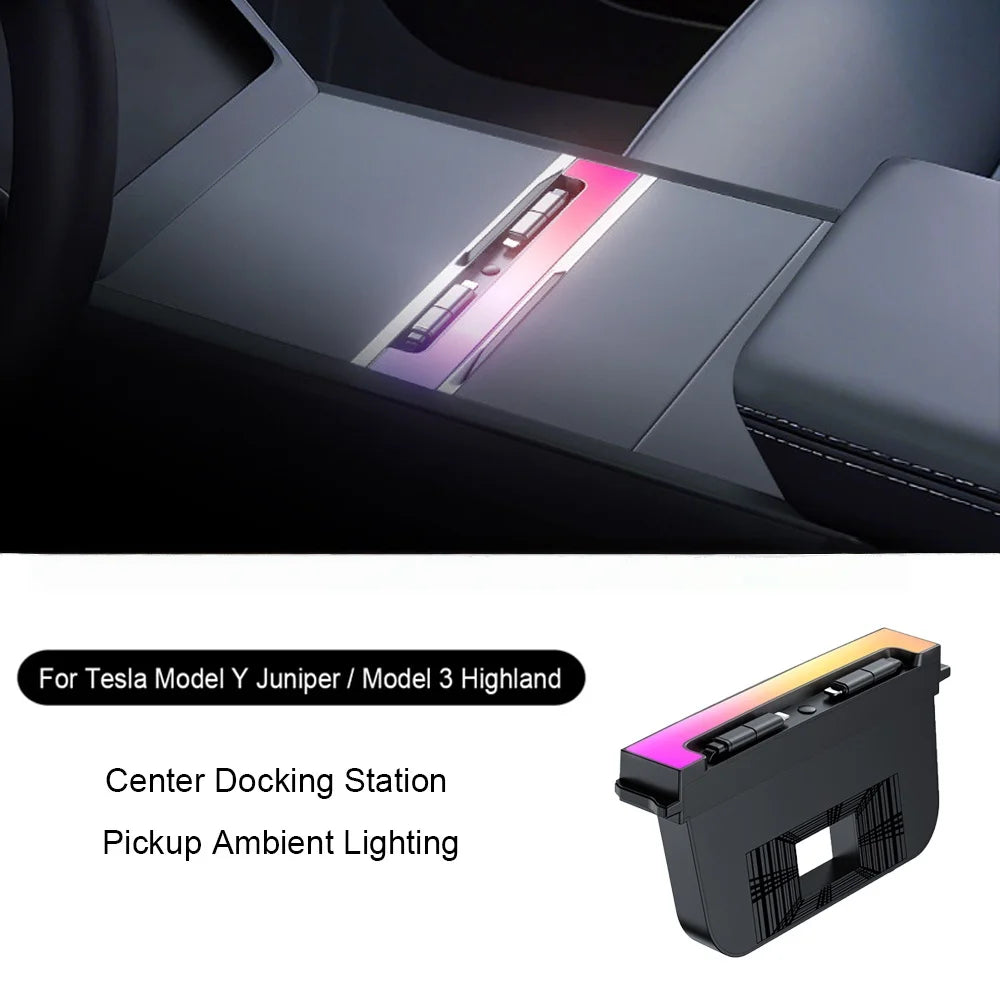 For Tesla Model Y Juniper Fast Charging USB Hub Docking Station with Rainbow Light Model 3 Highland Retractable Ambient Lighting