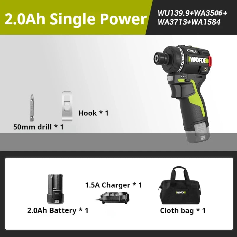 WORX WU139 Brushless Screwdriver Lightweight Cordless Drill 50N.m 1/4inch Electric Drill 12V Battery Mini Drill for Tight Spaces
