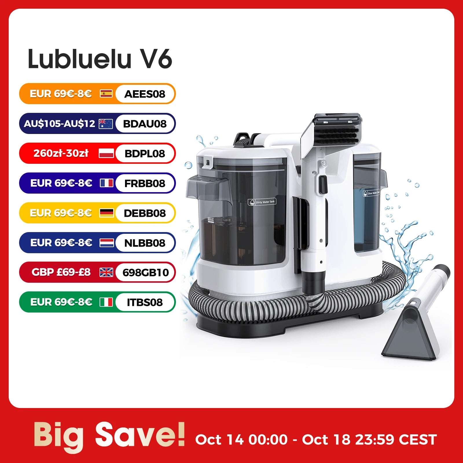 Lubluelu V6 Powerful Carpet Cleaner Powerful Cleaning Machine Spot Steam For Sofa Curtain  Wet Fabric w/ 1.75L Dual Tanks