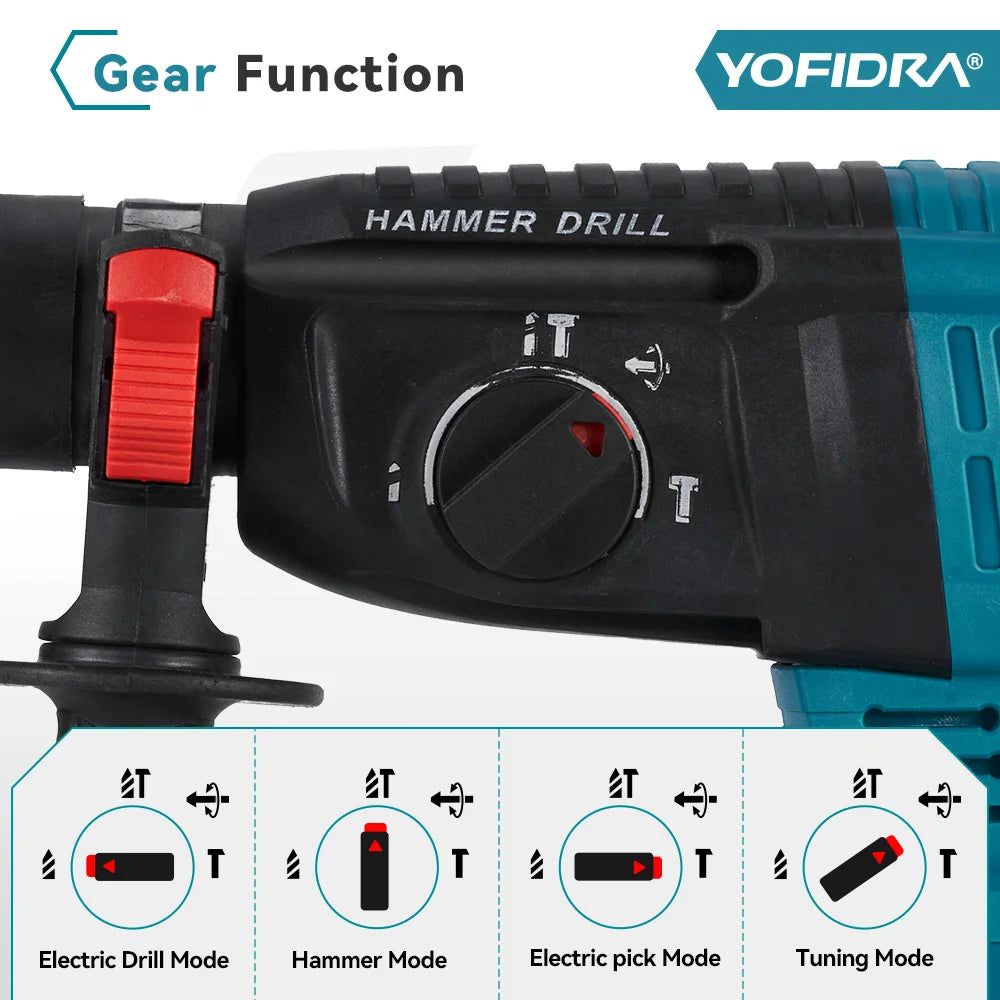 YOFIDRA 26mm Brushless Electric Hammer Drill Cordless Multifunctional Rechargeable Power Tools For Makita 18-21V Battery Pin