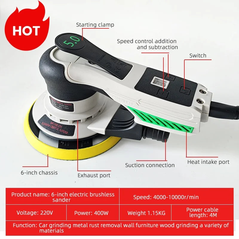 Professional 6 Inch 150mm Electric Brushless Orbital Sander ,5mm Eccentric, for Car Polishing Wood Metal Furniture Sanding
