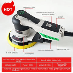 Professional 6 Inch 150mm Electric Brushless Orbital Sander ,5mm Eccentric, for Car Polishing Wood Metal Furniture Sanding