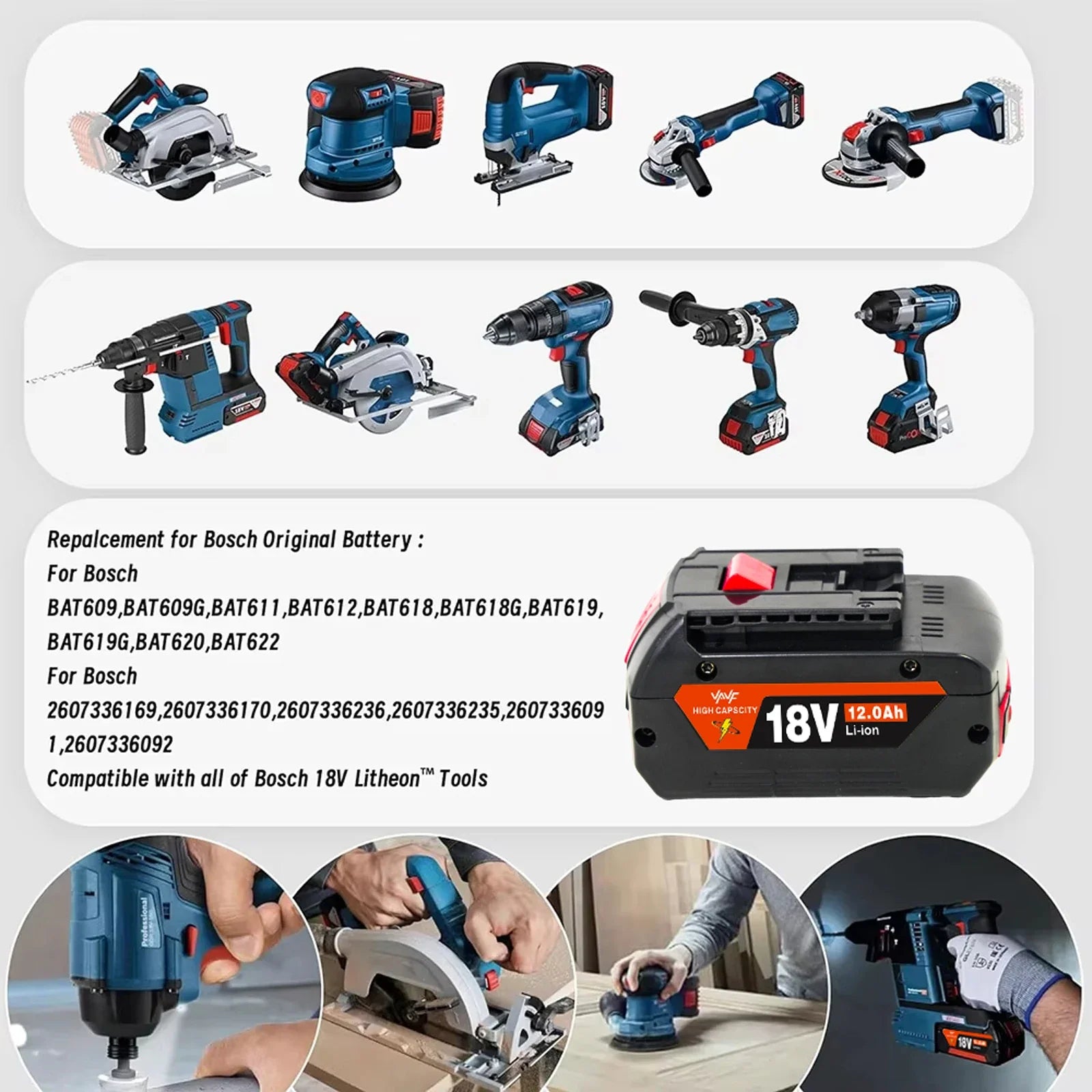 For Bosch 18V Professional System Power Tools BAT609 BAT618  GBA18V80 ProCORE 18V 12.0Ah Replacement Battery, 18650 Li-Ion🌭