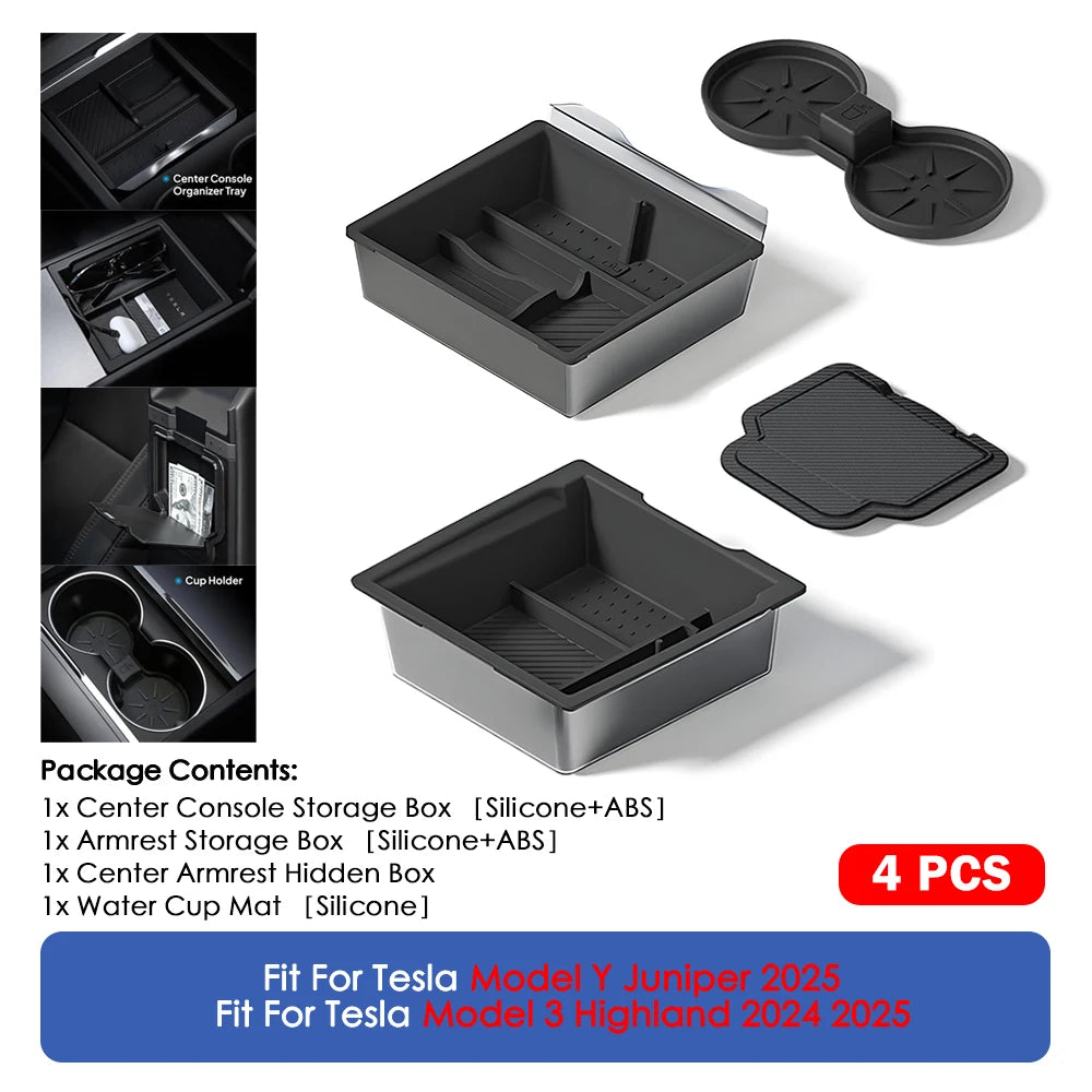 For Tesla Model Y Juniper 2025 & Model 3 Highland 2024 2025 ABS Center Console Organizer Tray Armrest Storage Box Accessories