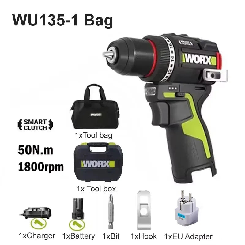 WORX WU135 Cordless Electric Drill 12V 50Nm 1800rpm Brushless Motor Electric Screwdriver Impact Drill Metalworking Smart Cutch