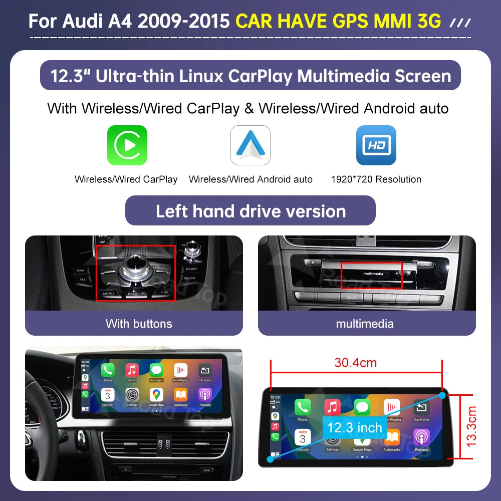 Road Top Radio Multimedia Linux Screen For Audi A4 A5 2009-2015 Wireless CarPlay Android Auto Airplay Car Player Function