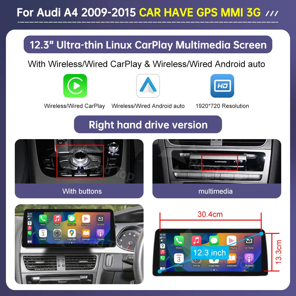 Road Top Radio Multimedia Linux Screen For Audi A4 A5 2009-2015 Wireless CarPlay Android Auto Airplay Car Player Function