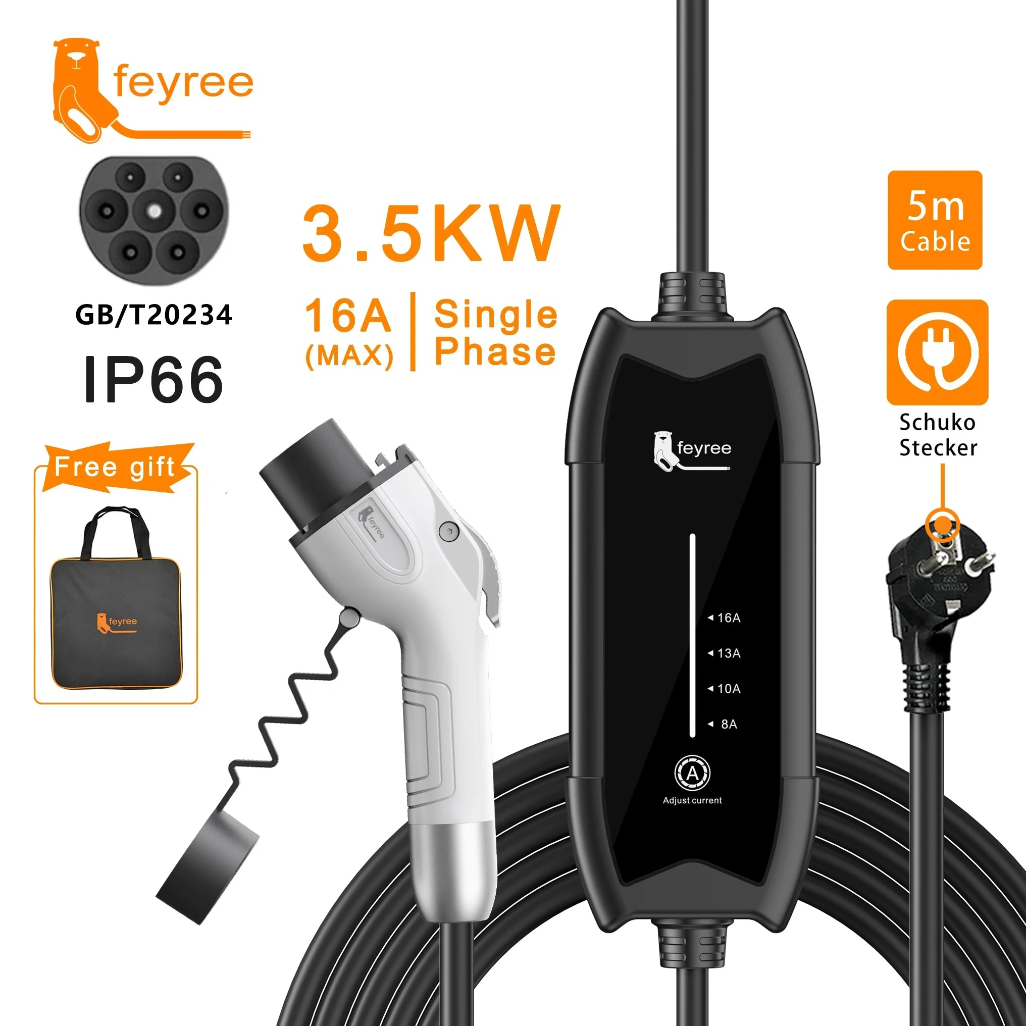 feyree Type2 3.5KW 16A 1Phase EV Charger Portable Charging Box Current Adjustable 5m Cable Charging Station for Electric Vehicle