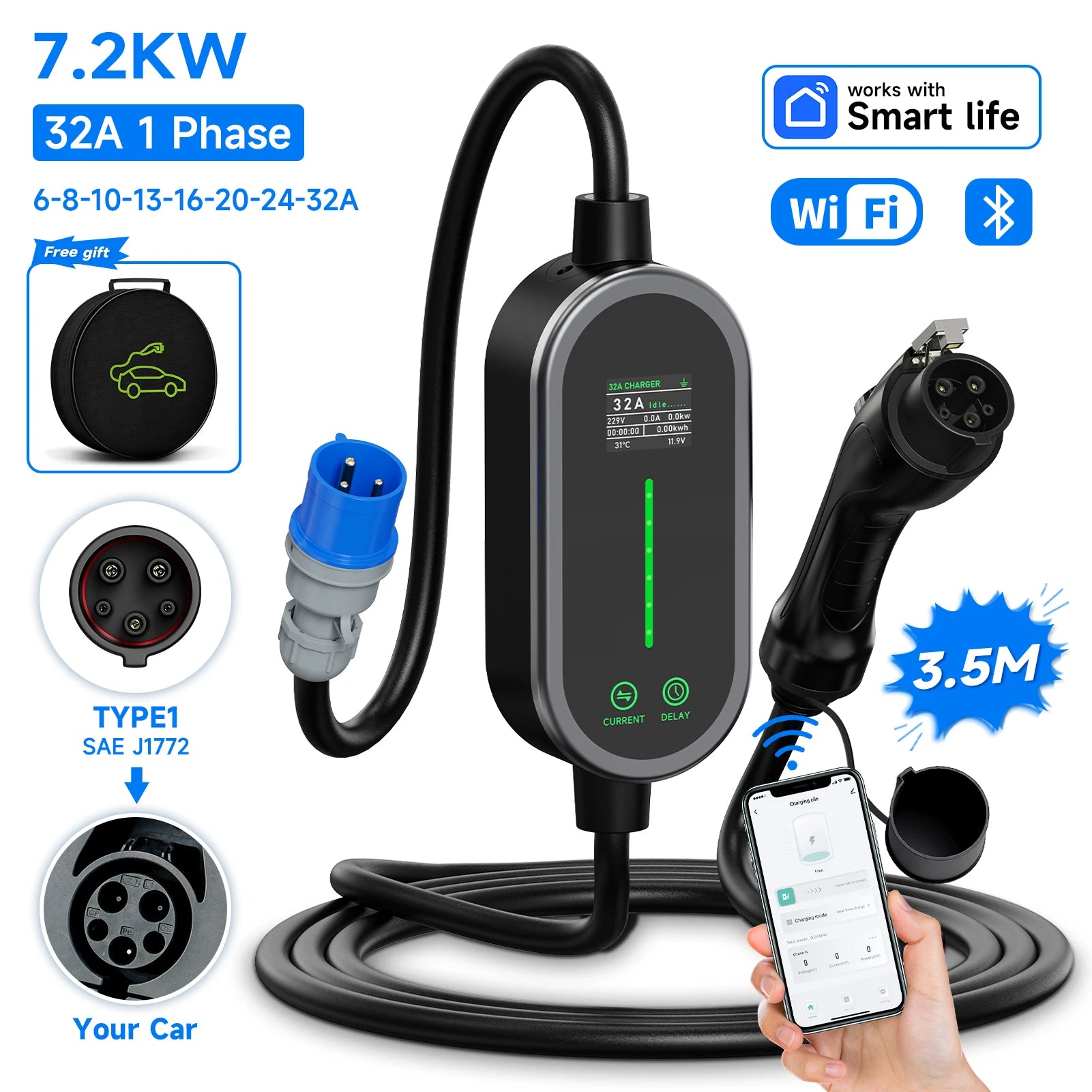 AFYEEV Type 2 Portable EV Charger 7.2KW 32A 1Phase Wallbox Type1 GB/T EVSE Charging Cable CEE Plug WiFi APP Bluetooth Control