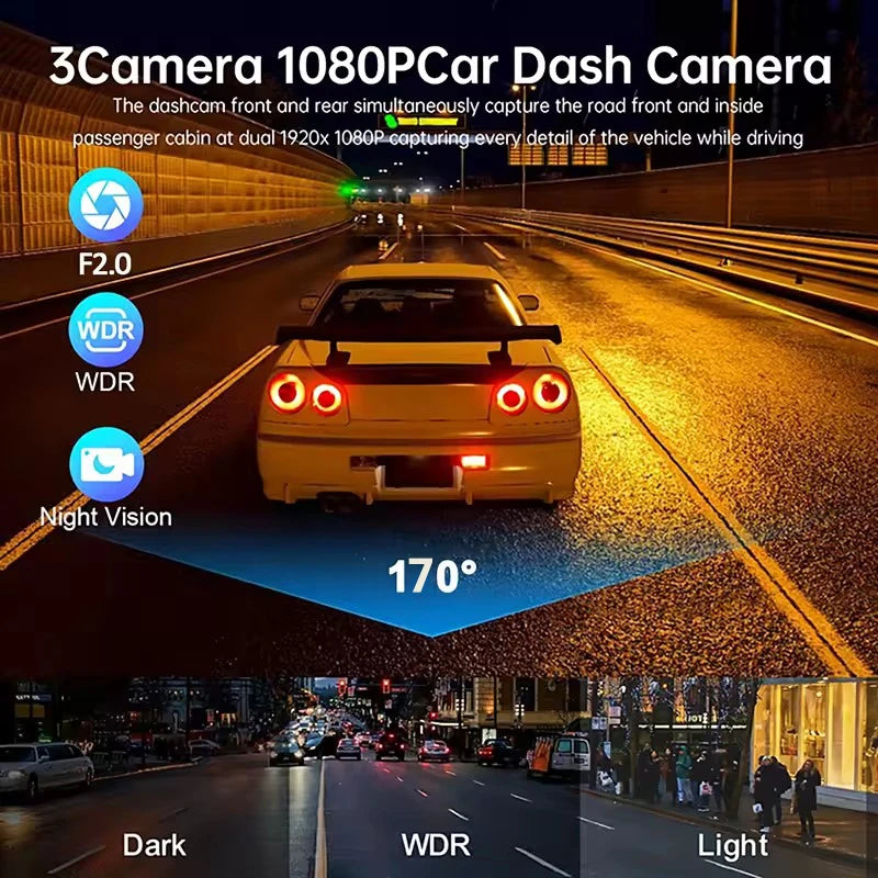 Dash Cam Car DVR 1080P Dashcam for car surveillance camera Automobiles 3 Lens Front Rear Interior Vehicle Video Drive Recorder
