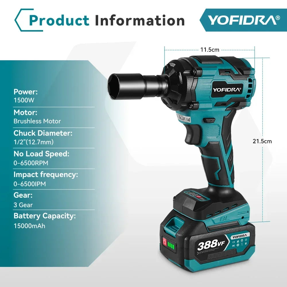Yofidra Brushless 1000N.M Electric Impact Wrench 3Funtion 1/2inch Cordless Screwdriver Electric Drill For Makita 18V Battery Pin