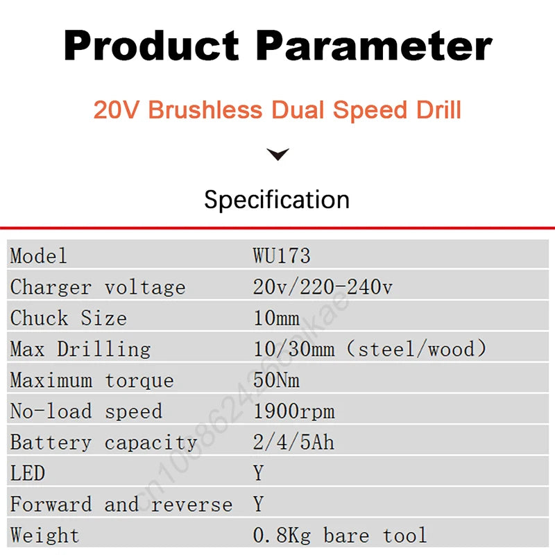 Worx WU173 Wireless Dual Speed Drill Rechargeable Brushless 20v 50Nm 1900rpm 18+1 Torque Adjustable Share WORX 5pin Battery