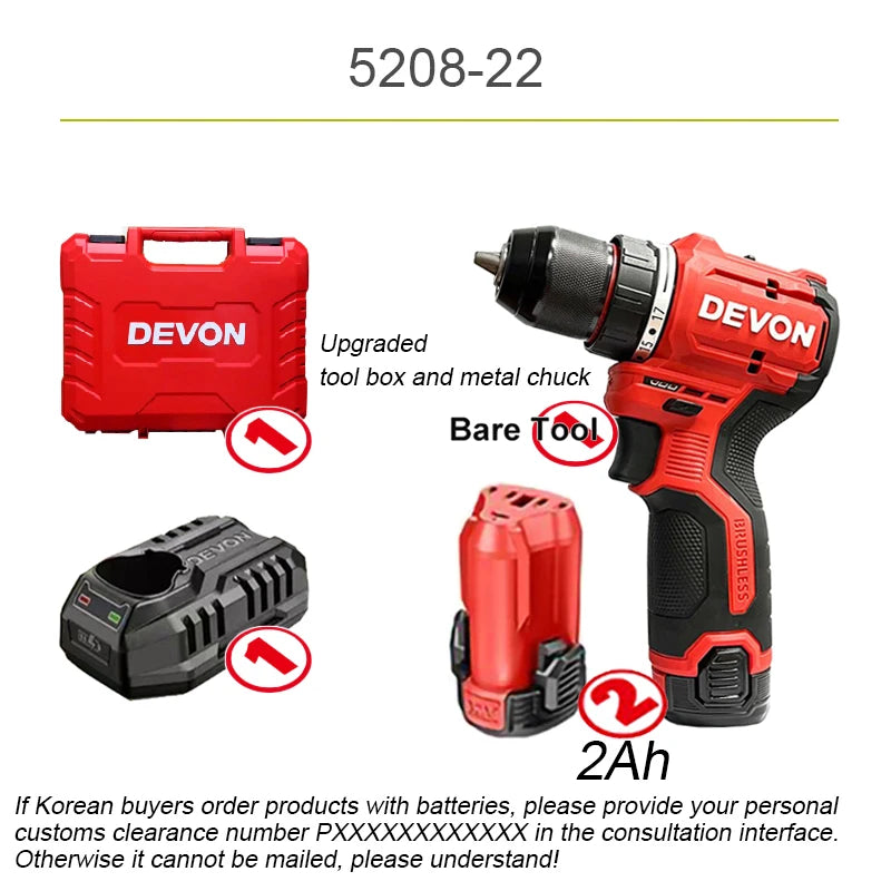 Devon Cordless Electric Drill  Brushless Motor 5208 12v 50Nm 1700rpm Dual Speed Torque Adjustable Share Flex Battery Platform
