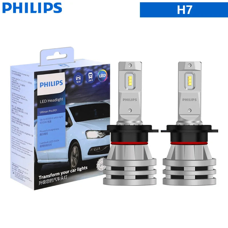 Philips LED H1 H3 H4 H7 H11 Ultinon Pro3101 12V/24V 6000K Bright White HB3 9005 HB4 9006 HIR2 9012 Auto Headlight LED Lamps, 2x