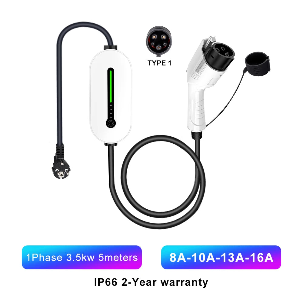 16A Type2 EV Chargers 1Phase 3.5KW Touchscreen Button Control Box GB/T Type1 J1772 Socket 5M Cable EV Charging Accessories
