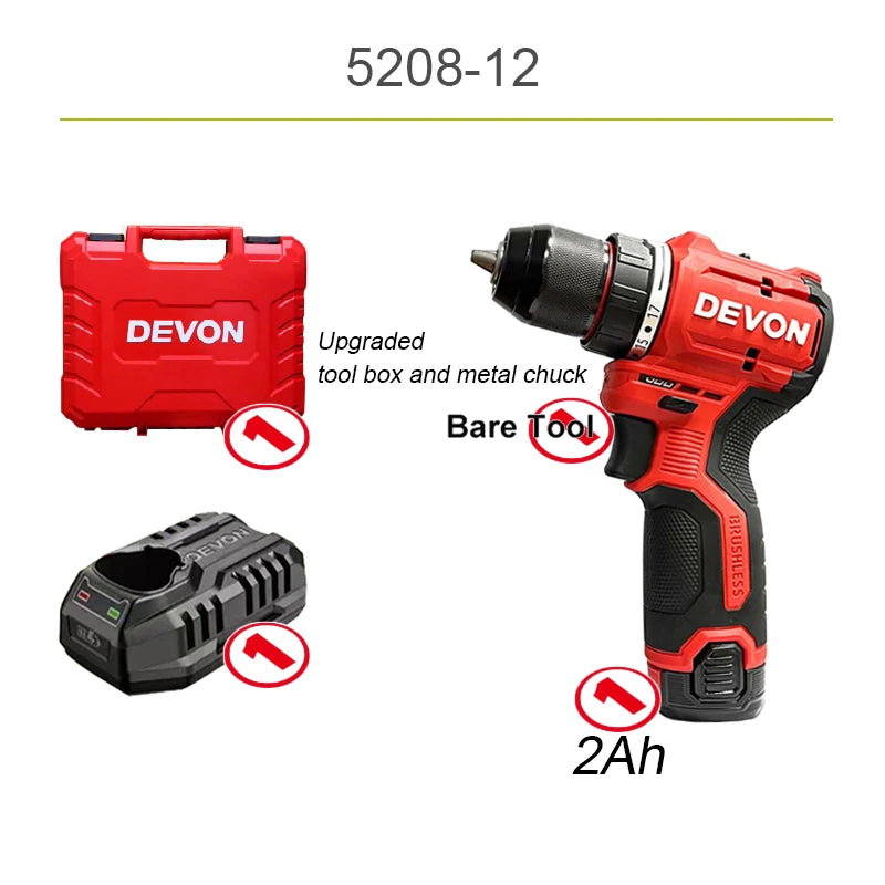 Devon Cordless Electric Drill  Brushless Motor 5208 12v 50Nm 1700rpm Dual Speed Torque Adjustable Share Flex Battery Platform