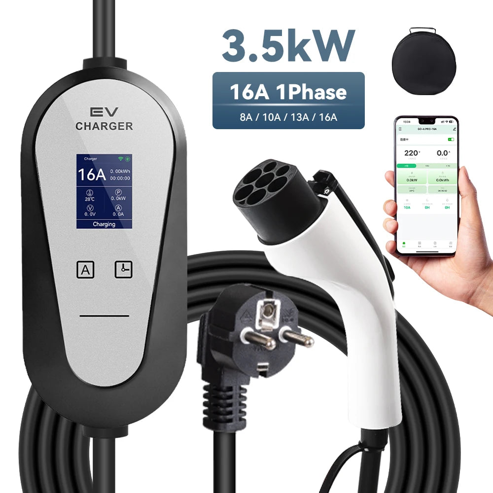 16A EV Charger 1Phase 3.5kW GBT Socket WIFI APP Control Box EVSE LCD Display Current Adjustable Charging Accessories for EV