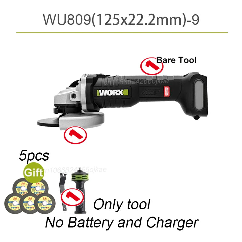 Worx WU809 Cordless Angle Grinder Brushless 20v 125x22.2 Clutch Protection for Polishing Cutting Share 5pin Green&Kress Battery
