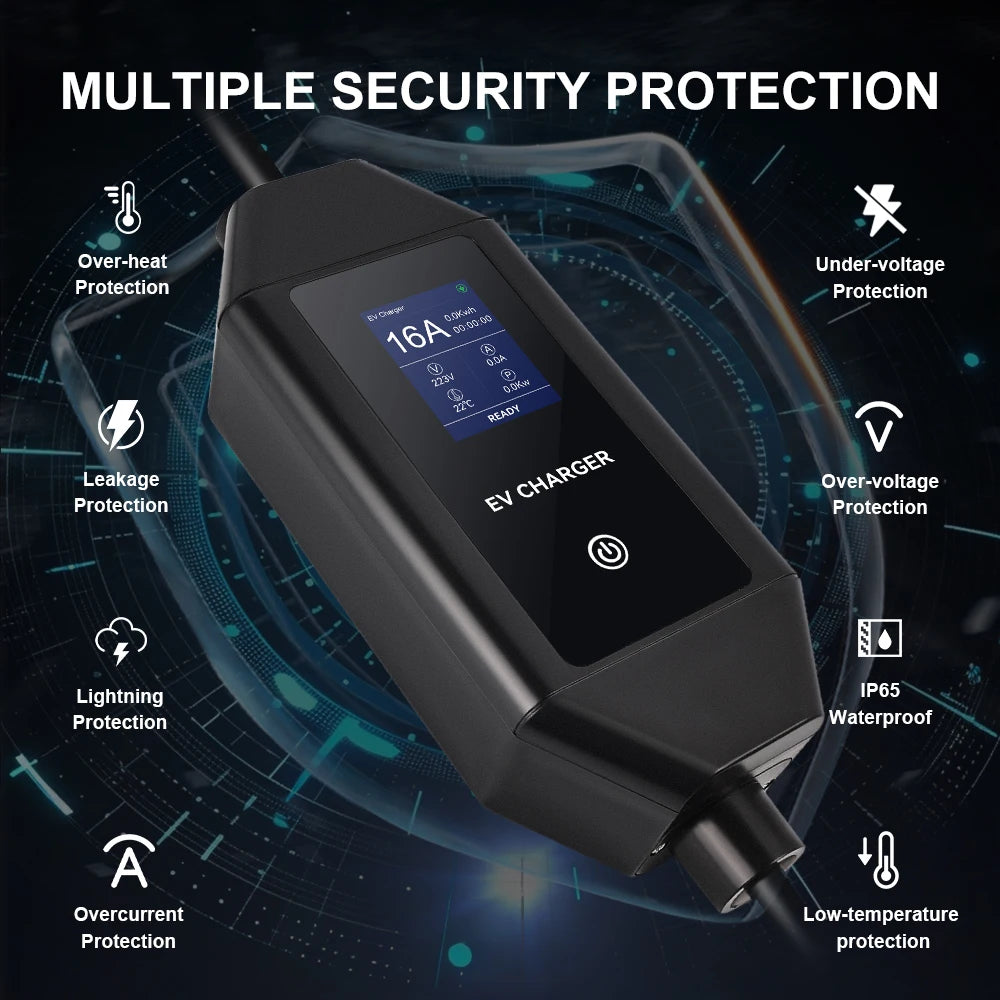 ADPOW Portable 16A Type1 EV Chargers SAE J1772 Socket 3.5KW 5M Cable Current Adjustable Wallbox EV Charging Accessories